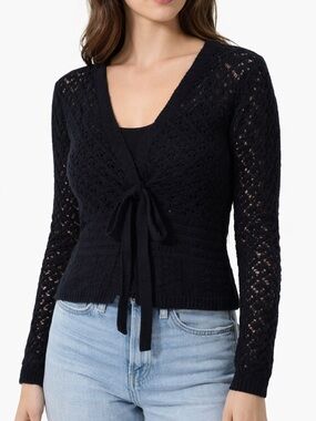 Women's Black Lace-Knit V-Neck Tie-Front Sweater
